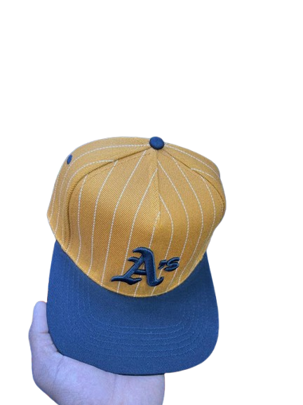 Oakland Athletics A's Script Pinstripe Snapback Cap – Mustard Brown & Black